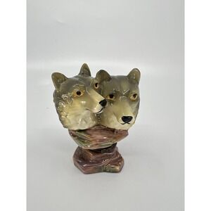 Vintage Wolf Pair Porcelain Trinket Holder Jewelry Dish Hinged Lid w/ Wolf Pup